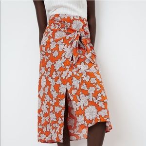 ZARA Wrap High Waist Midi Skirt Floral Printed Knot Tie Size Medium New
